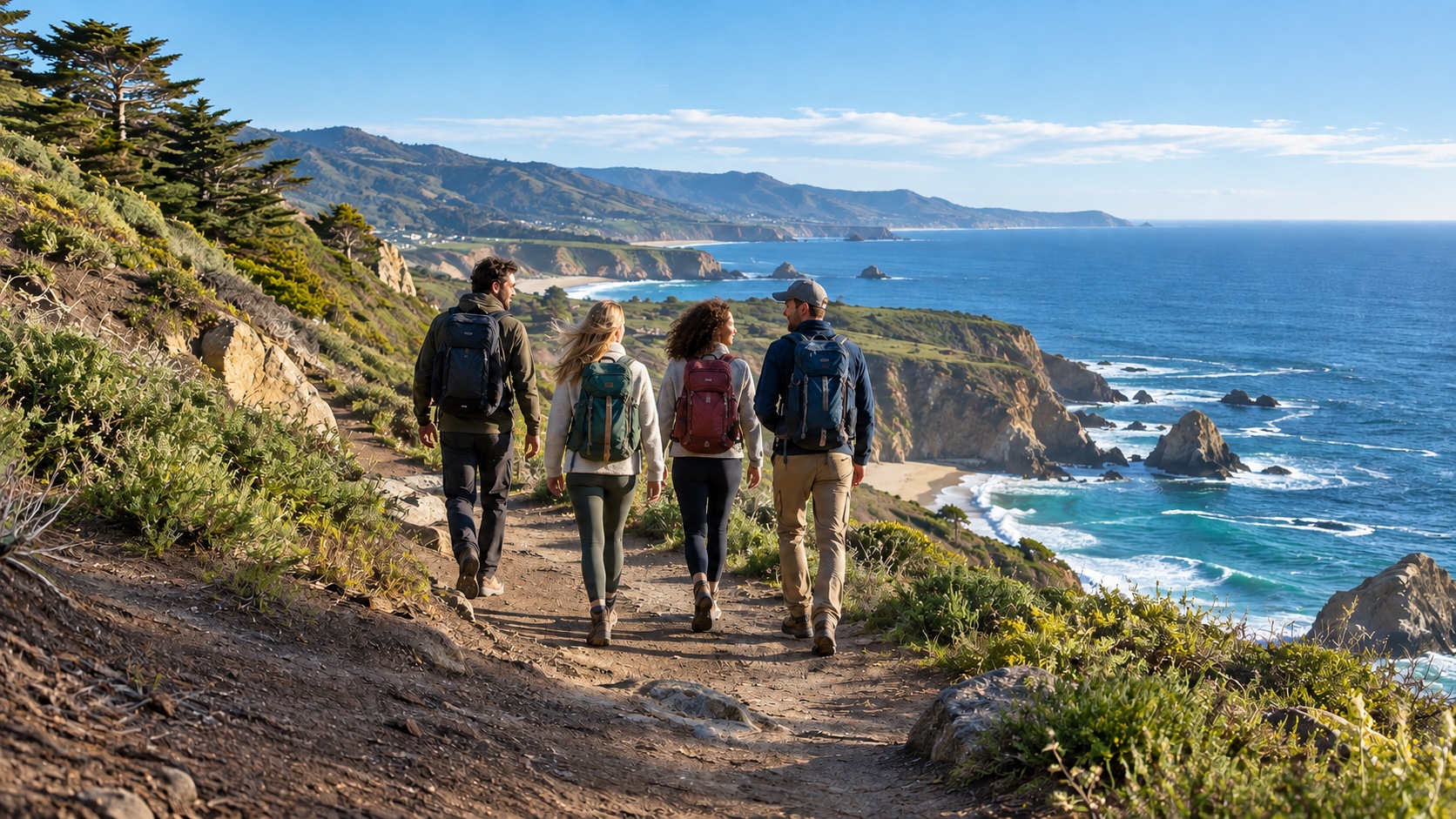 Friends walking together along a coastal path
